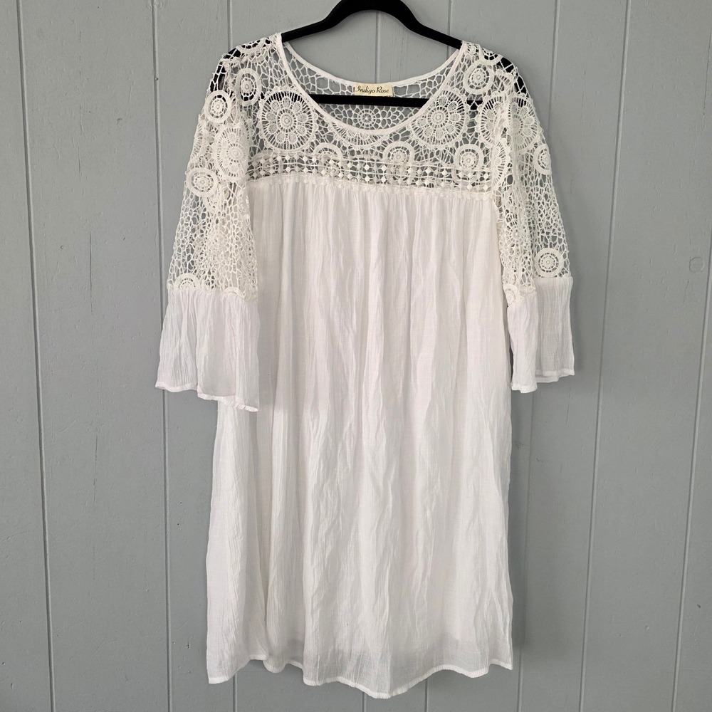 Indigo Rose White Crochet Lace Yoke Gauze Tunic Dress Plus Size 1X Boho Mini